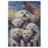 Bichon Frise Mother and Four Puppies Dressed in Patriotic Outfits with Flag Hat and Sunset Lake Background on Ready to Hang 1.5" Thick Canvas Wrap, Floating Framed Canvas, Flat Rolled Canvas